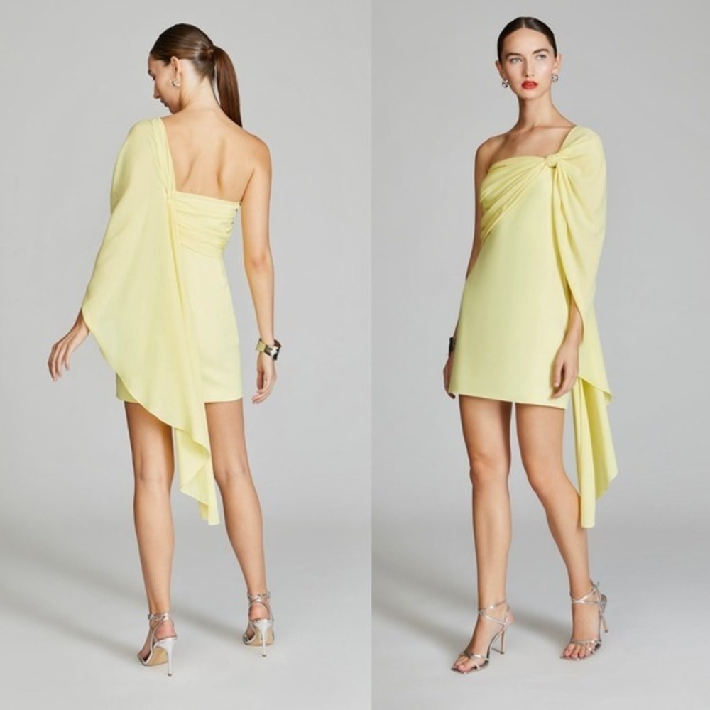 NWT Halston Demi Crepe‎ Asymmetric Cape Mini Dress Marang Yellow - Size 6